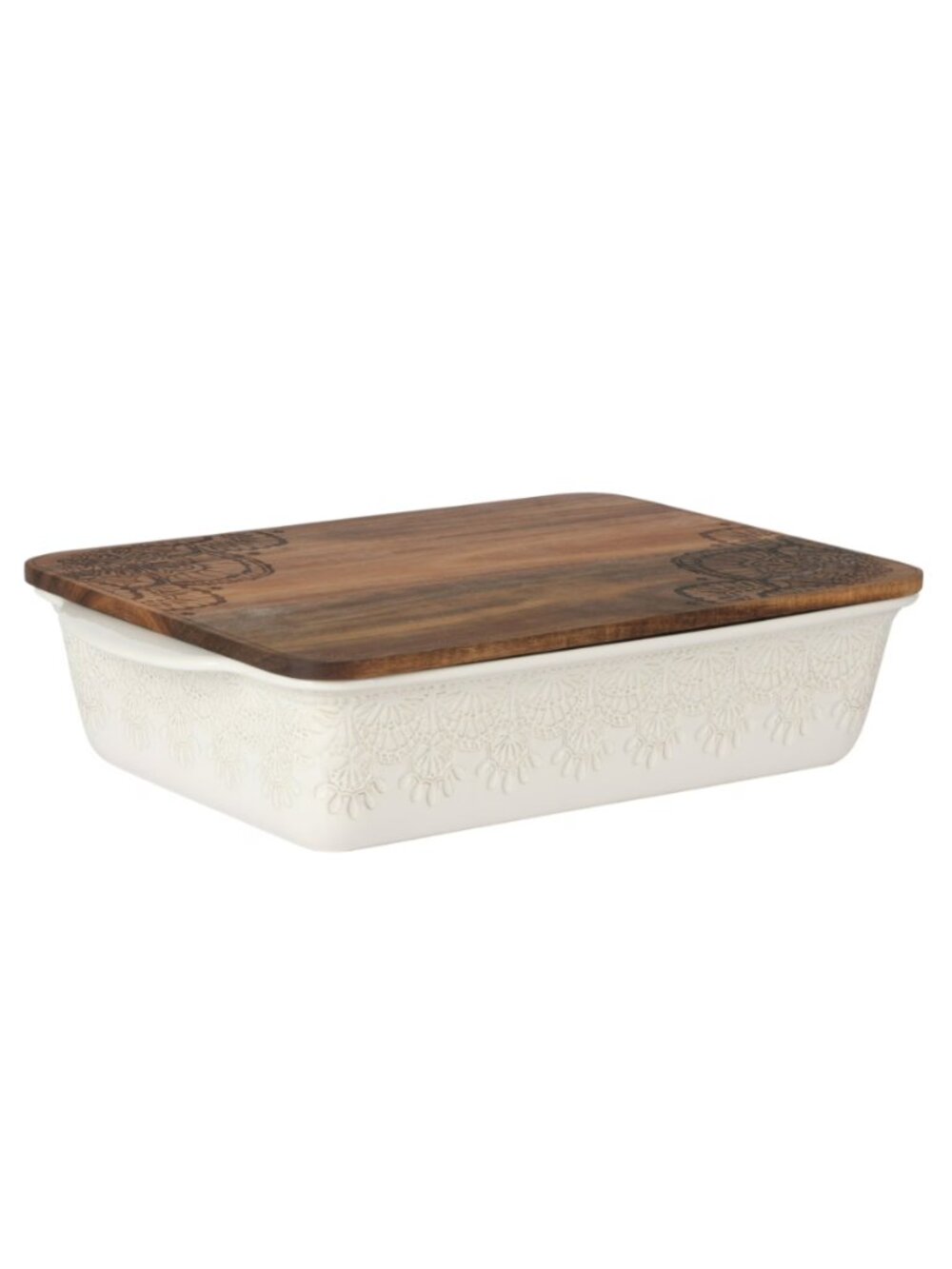 The Pioneer Woman Home White Vintage Lace Ceramic Casserole Baking Wood Lid Dish